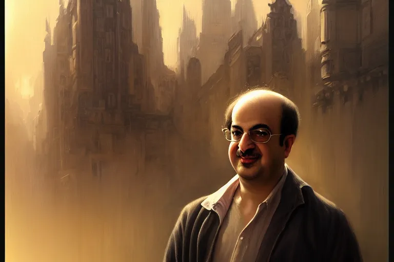 Image similar to poster portrait of young salman rushdie. oil painting elegant, highly detailed, centered, digital painting, artstation, concept art, smooth, sharp focus, illustration, artgerm, tomasz alen kopera, peter mohrbacher, donato giancola, joseph christian leyendecker drew struzan