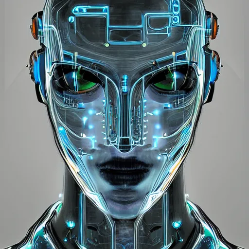 Prompt: portrait photo of a cybernetic cyborg half human face half robot face, fantasy art, sci - fi art, character design, circuitry, high tech, future
