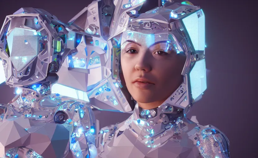 Image similar to young female agi in her 20s made out of low poly, kevlar, octa core, watercooled plates with crystal elements as a power source and an arctic-based, geometric backdrop; led, robotic, abstract, front profile shot, cycles render, 4k