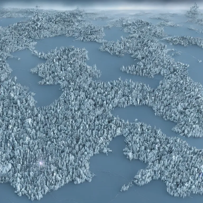 Image similar to beautiful illustration of advanced civilization composed of floating snowy forests