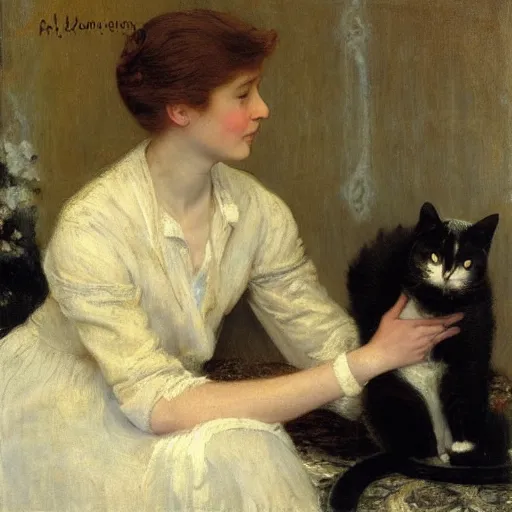 Prompt: young woman petting her cat by alfred stevens