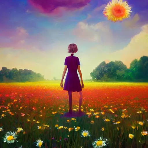 Prompt: giant daisy flower head, full body girl standing in a flower field, surreal photography, sunrise, dramatic light, impressionist painting, colorful clouds, digital painting, artstation, simon stalenhag