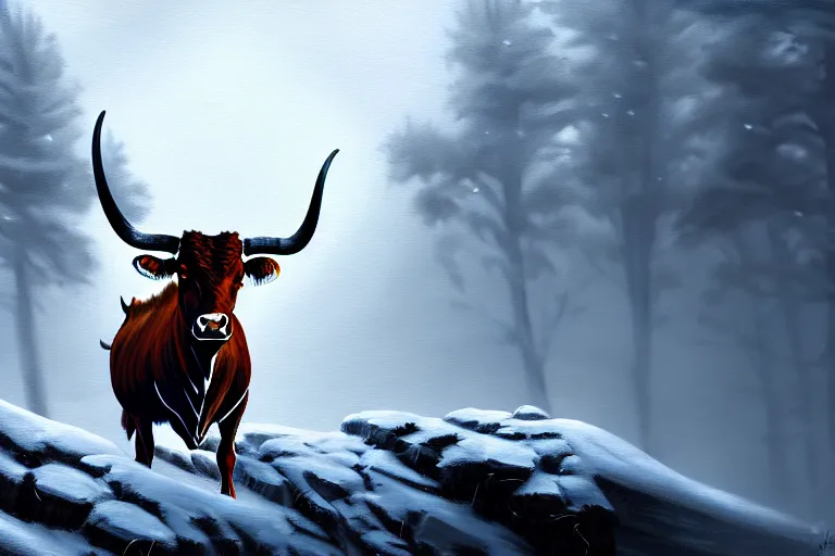 Image similar to an winter painting of a longhorn steer on a high bluff, key visual, concept art, extremely moody lighting, highly detailed, digital painting, artstation, unreal engine