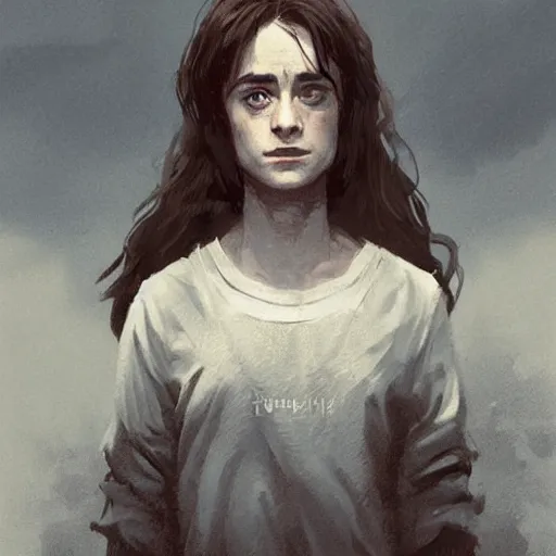 Image similar to daniel radcliffe in the role of hermione, by greg rutkowski