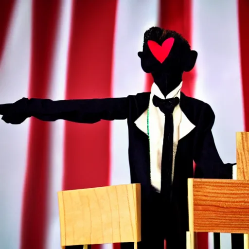 Image similar to mad puppeteer using marionette of a president with clown makeup in a podium