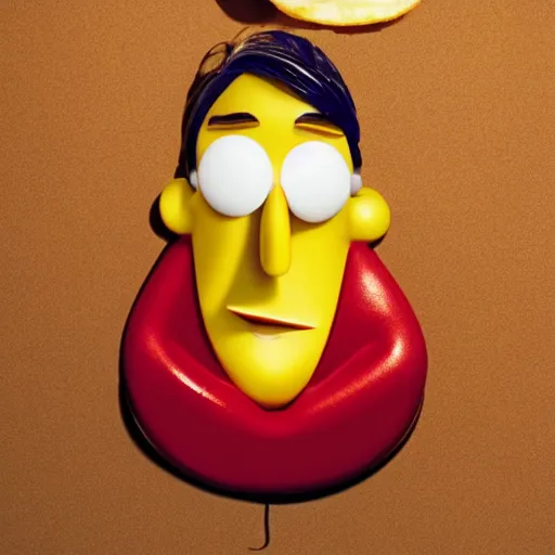 Image similar to photo of [ a single french fry chip ] shaped into stephen fry as a pixar character hybrid intercross mix cinematic lighting