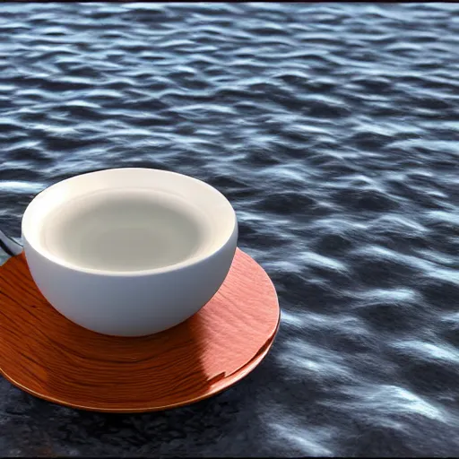 Image similar to teacup filled with the ocean, octane render, moddy lighting, big waves, white tea cup, ultra realistic, detailed,