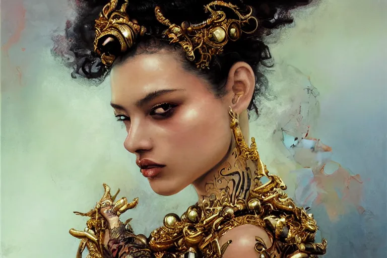 Image similar to an epic painting of a 1 9 years old girl figure, curly messy high bun hairstyle, oriental tattoos, jeweled ornament over forehead, subject wearing a gold and black high fashion gown, flowing, ornate, beautiful, intricate, dramatic earth colors, with few fire red highlights, by jeremy mann and greg rutkowski, oil on canvas, artstation