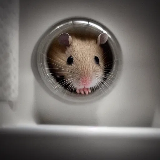 Image similar to hamster in the dark bathroom without lights, mood, creepy, realistic photography, high quality image, hyper detailed