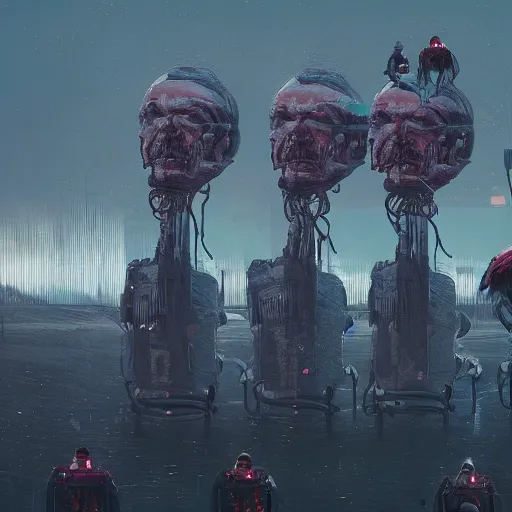 Prompt: a farm of human heads, Simon Stalenhag, Wadim Kashin, 4K, cinematic