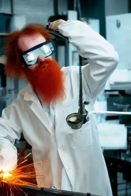 Prompt: an awkwardly tall scientist with a tangled beard and unruly red hair atop his balding head wearing a labcoat and welding goggles and holding a beaker, high resolution film still, movie by Ivan Reitman