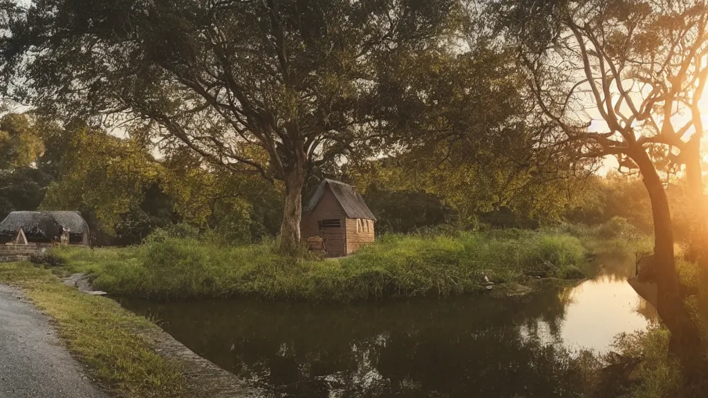 Image similar to small grey wooden cottage by the river, a tree with vines wrapped around it, two crows singing on the tree, tranquility, arch bridge over the river, the bridge path to remote, chill wind, an old man riding a skinny horse on the road, sunset