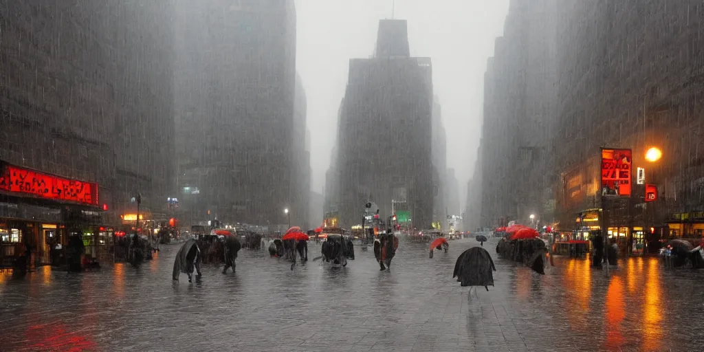 Image similar to a rainy day in a bustling lively city with, muted, dull