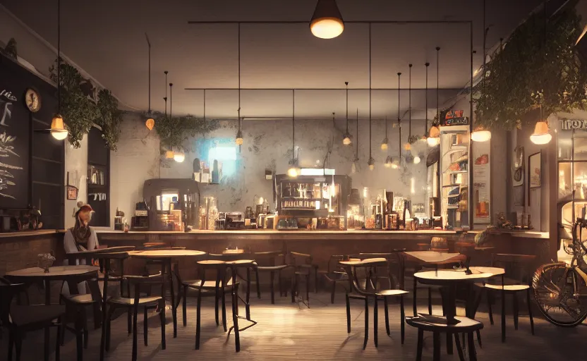 Image similar to a coffe shop, octane render, artstation trending, highly detailded