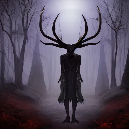 Image similar to the soul thief, dark forest, fantasy world, mystical physique with antlers, wide shot view