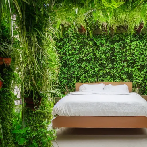 Prompt: bedroom made out of plants, beautiful flora, high field of view, 40nm lens, 4k