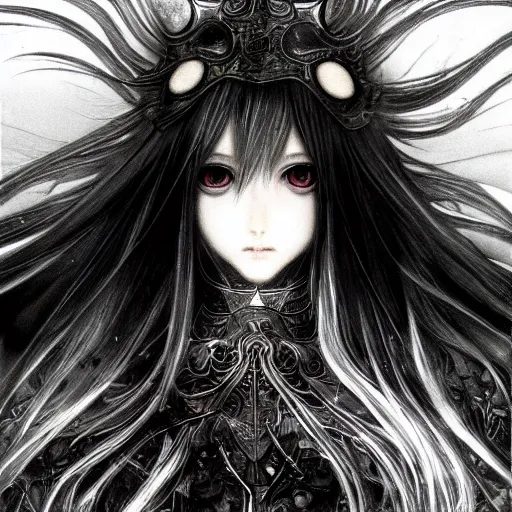 Image similar to Yoshitaka Amano blurred and dreamy illustration of an anime girl with wavy white hair and cracks on her face wearing Elden ring armour with the cape fluttering in the wind, abstract black and white patterns on the background, noisy film grain effect, highly detailed, Renaissance oil painting, weird portrait angle