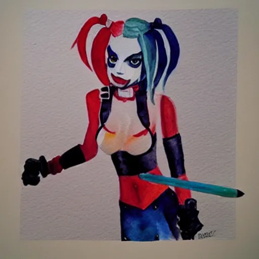 Image similar to “watercolor of Harley Quinn holding mallet”