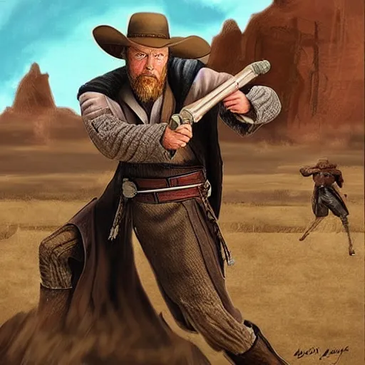 Prompt: “ obi wan kenobi in a fight with a cowboy, wild west, western, highly detailed ”