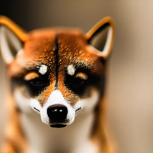 Image similar to close up photo of a small origami shiba inu, cinematic, shallow dof, 3 5 mm, 4 k, macro