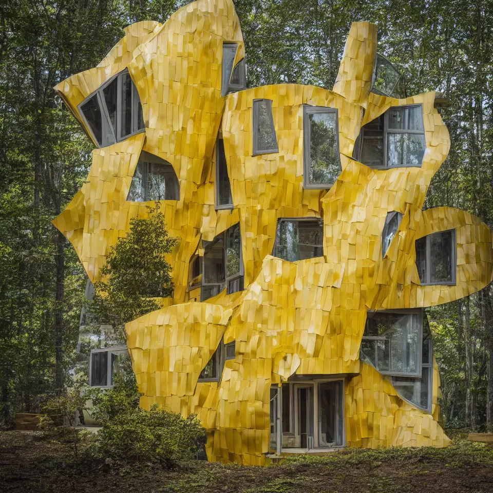 Prompt: a tiny tiny house in clearing, designed by Frank Gehry. Tiles. Film grain, cinematic, yellow hue