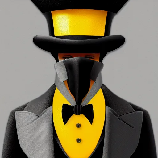 Image similar to a highly detailed portrait of a man in a high top hat covering his face, in a black tailcoat with a yellow waistcoat under the tailcoat, artstation, deviantart, professional, unreal engine 5, photorealistic