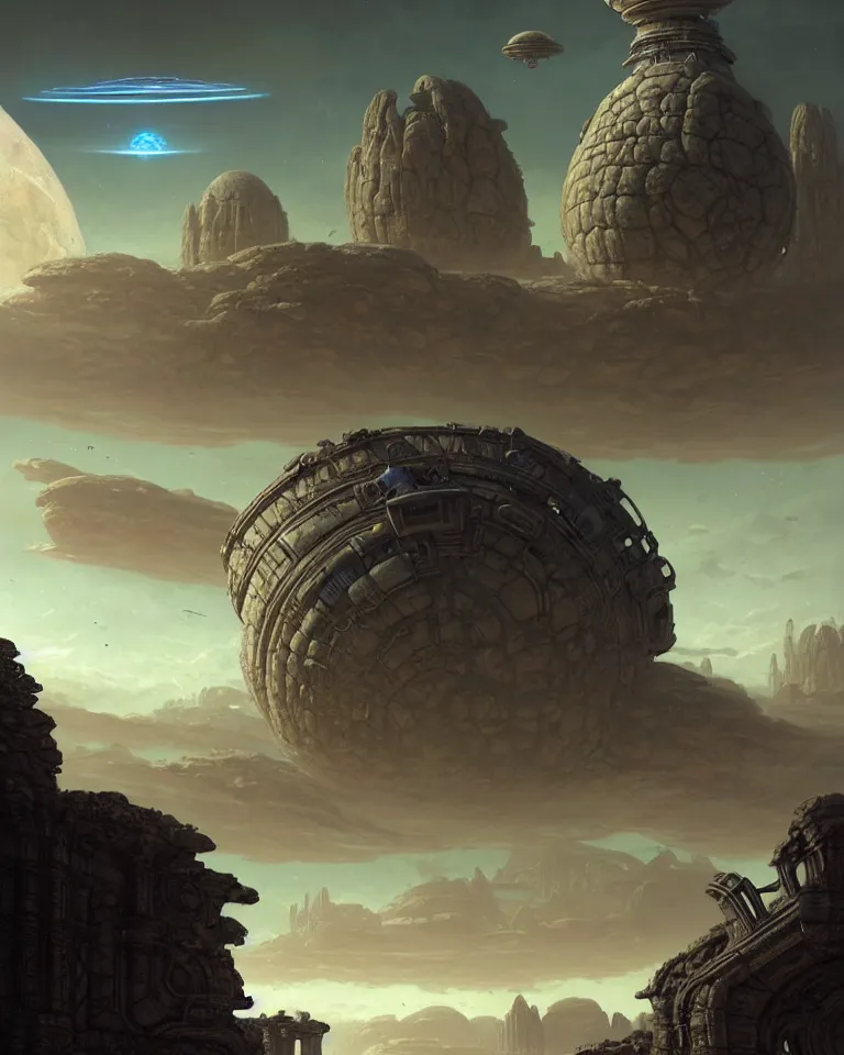 Image similar to large alien spacecraft hovering in the sky an a wasteland alien exoplanet and ancient ruins in background and alien planet with craters and large stone structures by bruce brenneise and peter mohrbacher, hyperrealistic very detailed landscape concept art, 3 d render, neosurrealism. digital concept art, pixel art, rendered in octane, trending on cgsociety, trending on artstation