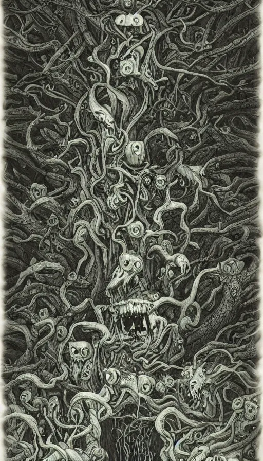 Prompt: a storm vortex made of many demonic eyes and teeth over a forest, by james jean