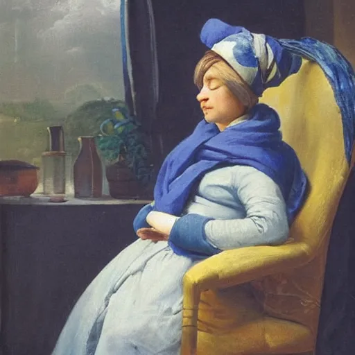 Prompt: A beautiful installation art of a lady with a blue scarf on her head, sitting in a chair with her eyes closed. cloudpunk by Paulus Potter robust, riotous