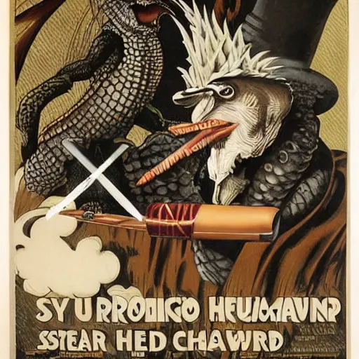 Prompt: a poster featuring a humanoid crocodile smoking a cigar, a hawk with a black cross shaped sword