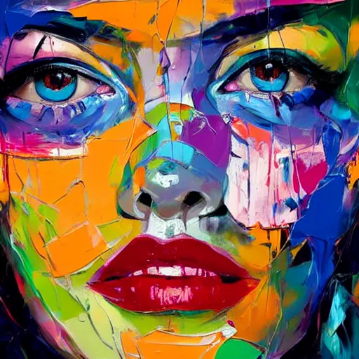 Prompt: Beautiful Woman Face, Palette Knife Painting, Acrylic Paint, Dried Acrylic Paint, Dynamic Palette Knife Oil Paintings, Vibrant Palette Knife Portraits Radiate Raw Emotions, Full Of Expressions, Palette Knife Paintings by Francoise Nielly