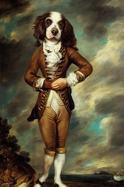 Image similar to A painted portrait of a brown haired springer spaniel wearing a sea captain's clothing, by Thomas Gainsborough, elegant, highly detailed, anthro, anthropomorphic dog