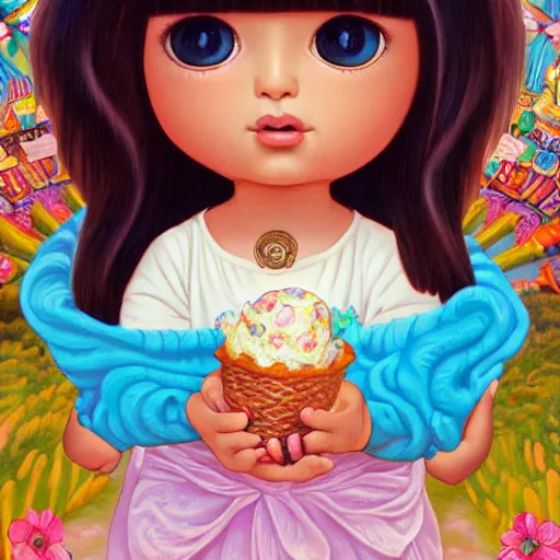 Prompt: portrait of dora the explorer as real girl holding ice cream, detailed, intricate complex background, Pop Surrealism lowbrow art style, mute colors, soft lighting, by Mark Ryden and mucha, artstation cgsociety