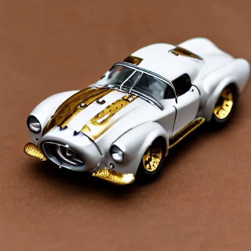 Prompt: 5 5 mm photo of metallic white steampunk shelby like hot wheels model with a gold city background