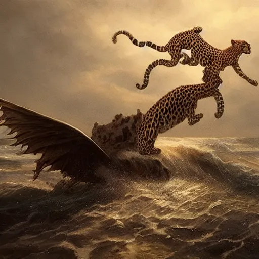 Image similar to three headed leopard And two wings coming out of the sea , digital Art, Greg rutkowski, Trending artstation, cinematographic, hyperrealistic