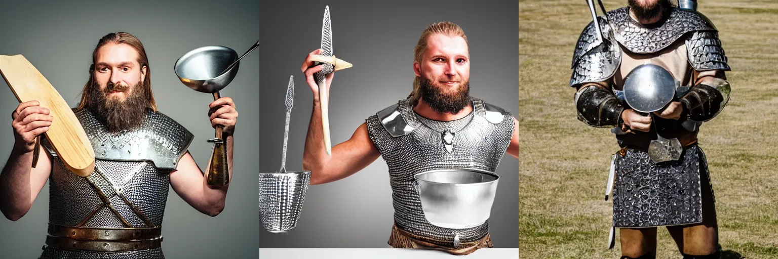 Prompt: man in viking armor made of diamond holding a cooking utensil in one hand and a bottle in other