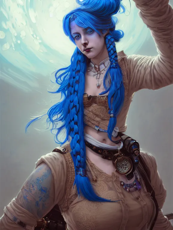 Image similar to a ARCANE ART Portrait of JINX The Loose Cannon, blue hair, long pigtail, intricate, elegant, highly detailed, digital painting, concept art, smooth, sharp focus, illustration, by Laurie Greasley,Lawrence Alma-Tadema,Dan Mumford,artstation,deviantart,Unreal Engine,face enhance,8K,golden ratio,cinematic lighting