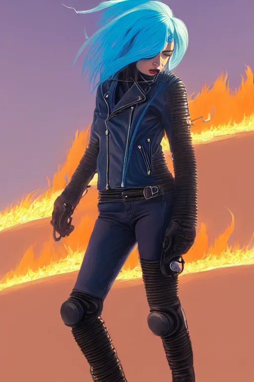 Image similar to a ultradetailed beautiful panting of post apocalyptic woman biker with helmet. blue hair. opened leather jacket, pretty face, high detailed face, in front of burning desert, anatomically correct, by ilya kuvshinov, greg rutkowski and makoto shinkai, trending on artstation