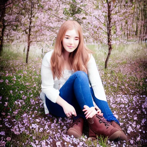 Prompt: young woman in her 20s, she wears boots, its spring, photography, very detailed face, full body shot