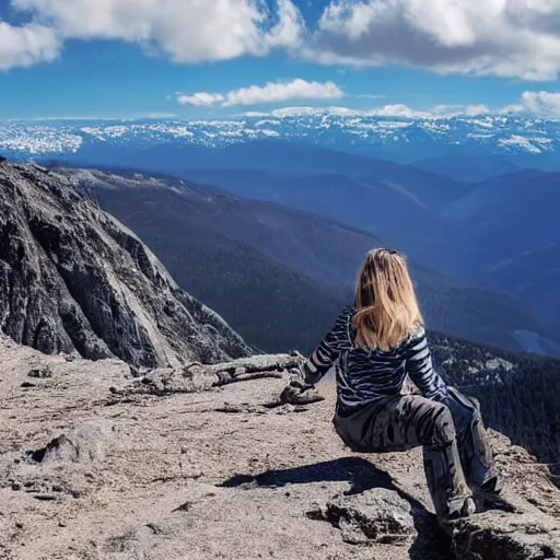 Prompt: photo of a girl on top of a mountain