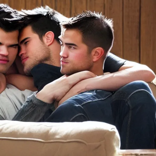 Image similar to taylor lautner kissing robert pattinson on a couch