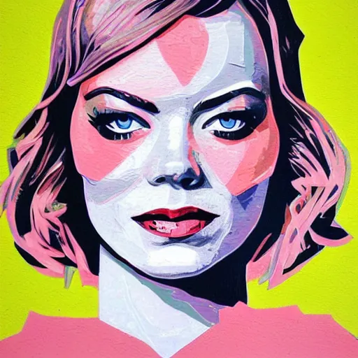 Prompt: Old Emma Stone by Sandra Chevrier, pink and grey scheme