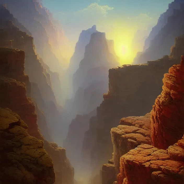 Image similar to a beautiful painting of a grand canyon by ivan aivazovsky and zdzisław beksinski and rene magritte and greg rutkowski and james gurney, in style of digital art. hyper detailed, sharp focus, soft light. octane render. ray tracing. trending on artstation