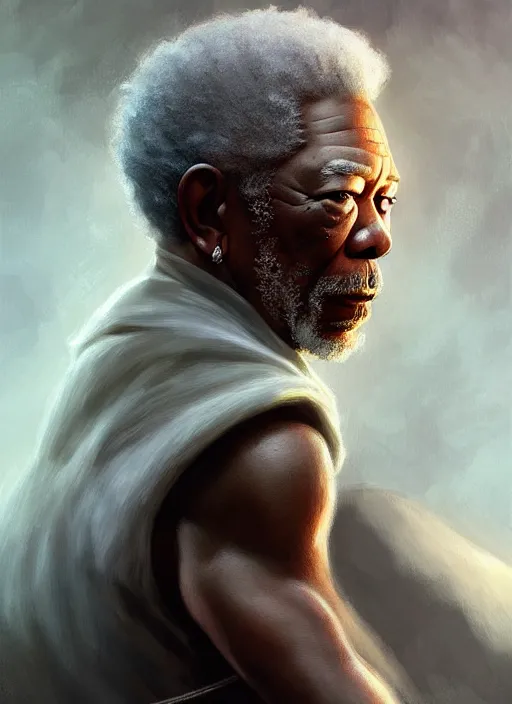 Prompt: Portrait of Morgan Freeman, D&D, muscular, fantasy, intricate, elegant, highly detailed, digital painting, artstation, concept art, smooth, sharp focus, illustration, art by artgerm and greg rutkowski and alphonse mucha