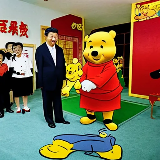 Prompt: xi jinping and winnie the pooh playing in kindergarden