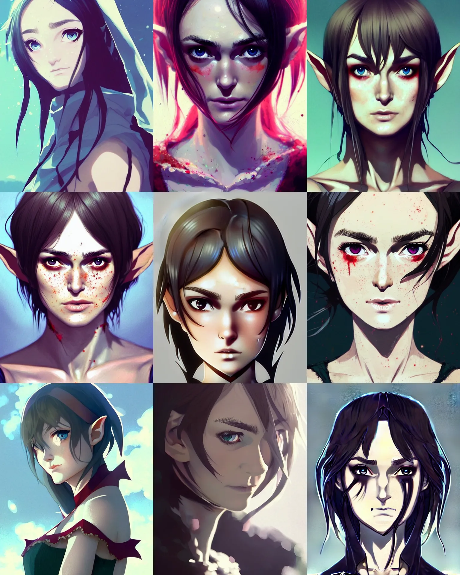 Prompt: profile of elf woman ( keira knightley ), tattered dress, cinematic | | very anime!!!, symmetry face, lots of freckles, fine details. realistic shaded lighting poster by ilya kuvshinov, katsuhiro otomo, kidmo!!!, trending on artstation, magali villeneuve, artgerm, jeremy lipkin and michael garmash