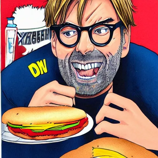 Prompt: jurgen klopp eating a hamburger, manga, anime