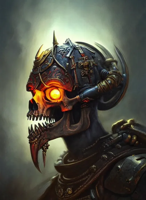 Image similar to chaplan with skull helm, extremly detailed digital painting, warhammer 4 0 k, strong rim light!!!!!, justin gerard, raymond swanland, tomasz alen kopera, unreal engine 5, intricate, exquisite lighting, highly detailed, cinematic lighting, art, octane render, very coherent, cinematic, 8 k, trending on artstation