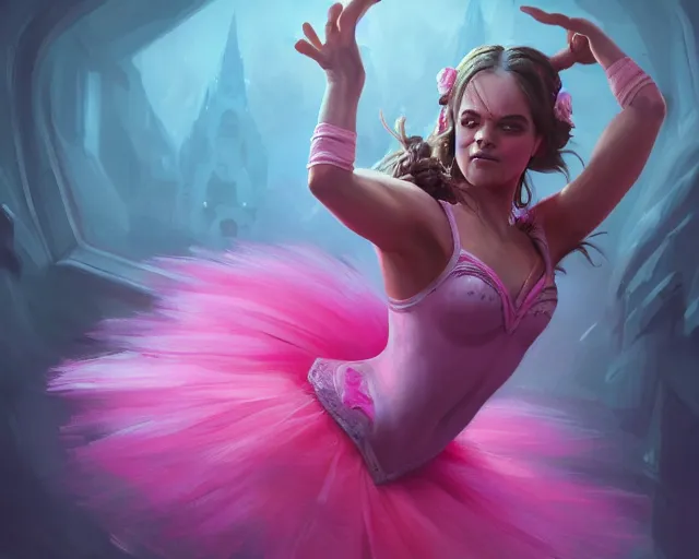 Image similar to photography of jack black dancing in a pink ballerina outfit, full body shot, deep focus, d & d and mtg, fantasy, intricate, elegant, highly detailed, digital painting, artstation, concept art, matte, sharp focus, illustration, hearthstone, art by ross tran