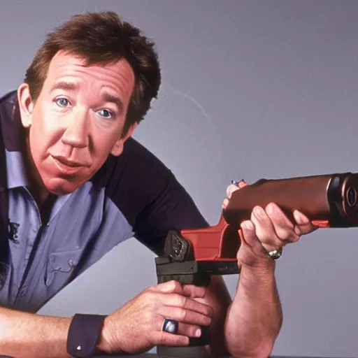 Prompt: tim allen shooting up a school high resolution real photo